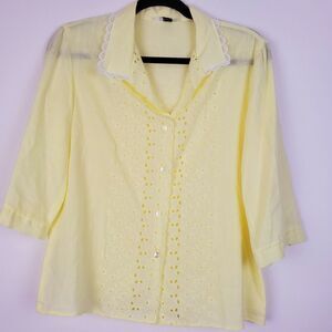 Vintage Harmal New York Women's Butter Yellow Eyelet‎ Button Blouse Lace Sz L